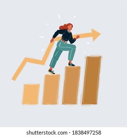 Cartoon vector illustration of A girl college student walking up the staircase. Woman is climbing the stairs of levels success. Human character on white isolated background.