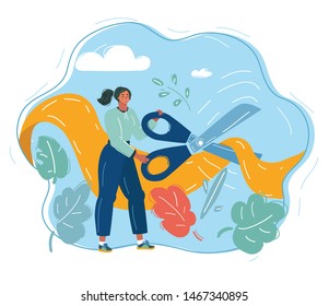 Cartoon vector illustration of girl, cutting yellow ribbon by giant scissors. Human character on blue background.