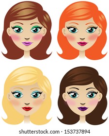 Cartoon vector illustration of girl with different look, hair and makeup, redhead, brunette and blonde, visage or style change