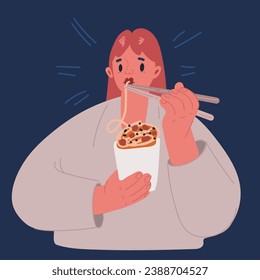 Cartoon vector illustration of Girl eating noodles using chopsticks over dark backround