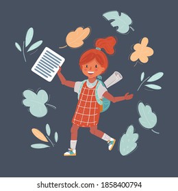 Cartoon vector illustration of girl with exam test in her hand on dark background. Schoolgirl with backpack.