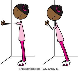 Cartoon vector illustration of a girl exercising - wall push ups