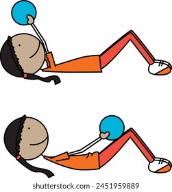 Cartoon vector illustration of a girl exercising - pullover crunch with medicine ball
