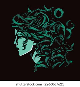 Cartoon vector illustration of girl face profile in green colors