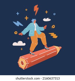 Cartoon vector illustration of Girl flies on a giant pencil. Creativity and achievement of creative goals. Design startup over dark background.