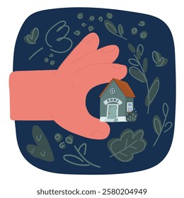 Cartoon vector illustration of Girl hand holding wooden miniature toy house