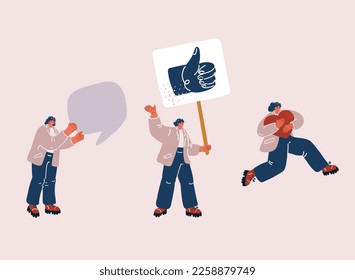 Cartoon vector illustration of girl with hearts emoji social media thumbs up and speech bubble