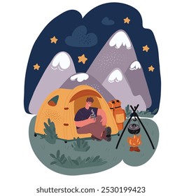 Ilustración vectorial de dibujos animados de niña excursionista se sienta descansando en una tienda de campaña amarilla, se toma una selfie en un teléfono inteligente. Camping, aventura al aire libre estilo de vida sobre fondo oscuro