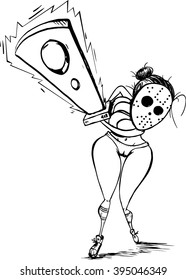 Cartoon vector illustration with girl with hockey mask and saw. Print for t-shirt.  