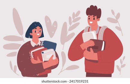 Cartoon vector illustration of Girl hold pile of books with open book in her hands. Concept illustration of earning, distance studying and self education. Young woman