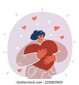 Cartoon vector illustration of girl holding in hands big large heart