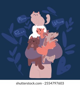 Cartoon vector illustration of Girl holding cute dog and cats over dark background