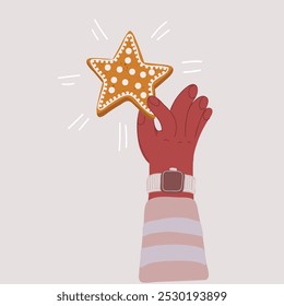Cartoon vector illustration of the girl holds a gingerbread in her hand. Star shape