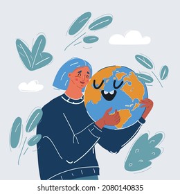 Cartoon vector illustration of Girl hug Earth World in her hands.