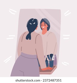 Cartoon vector illustration of Girl looking at the mirror. Beautiful girl look at mirror.