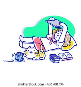 Cartoon vector illustration of a girl lying on the floor holding tablet device upward, beside the girl is a bunch of books and a white with yellow stripe cat that playing with a ball of yarn