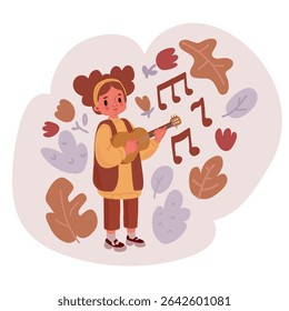 Cartoon vector illustration of girl play guitar or ukulele Professional junior guitarist