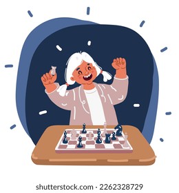Cartoon vector illustration of girl Playing Chess Game over dark background
