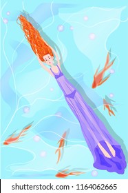 Cartoon vector illustration. Girl with rad hair swimming in the water with  koi fish.