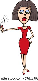 Cartoon Vector Illustration of Girl in Red Dress Doing Selfie Photo by Smart Phone for Social Media