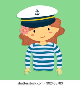 Cartoon Vector Illustration of a Girl with Sailor Shirt and Marine Captain Cap in Green Background