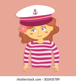 Cartoon Vector Illustration of a Girl with Sailor Shirt and Marine Captain Cap in Pink Background