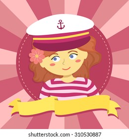 Cartoon Vector Illustration of a Girl with Sailor Shirt and Marine Captain Cap in Circle Pink Background with Yellow Banner