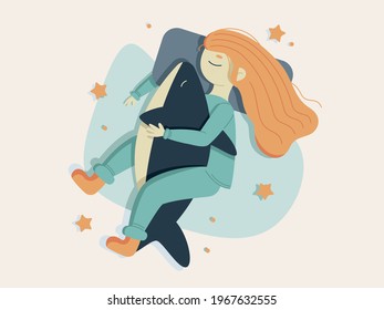 Cartoon vector illustration. The girl is sleeping with the toy shark.