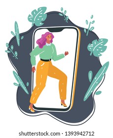 Cartoon vector illustration of girl in smarthpohone and a mobile phone. Happiness, online, web life. Young female charactter on dark background.