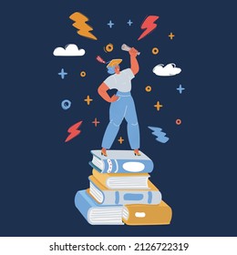 Cartoon vector illustration of Girl Student stand on big stack of books. over dark backround.
