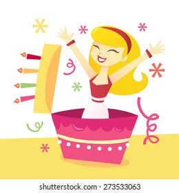 A Cartoon Vector Illustration Of A Girl In Surprise Birthday Cake.