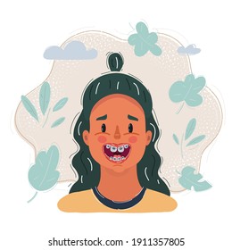 Cartoon vector illustration of girl with teeth with braces, close up