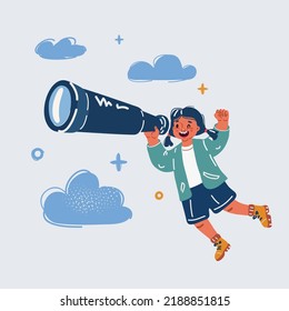 Cartoon vector illustration of girl watching to Spyglass