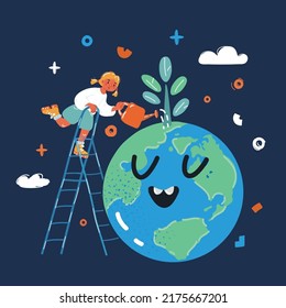 Cartoon vector illustration of girl watering plant over dark background