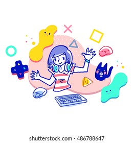 Cartoon vector illustration girl wear red   white stripe tshirt and headphone the head and gaming mouse   keyboard among abstractly shaped fantasy creatures floating around 