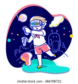 Cartoon vector illustration of a girl wearing virtual reality headset and holding controllers in the conceptual virtual world with fantasy creature and robot