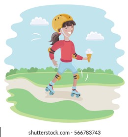 Cartoon vector illustration of girl wearing a helmet, knee pads, elbow pads. Cute girl move fast on retro roller-skates. Skating girl.