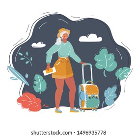 Cartoon vector illustration of girl whith travel suitcase in her hands.
