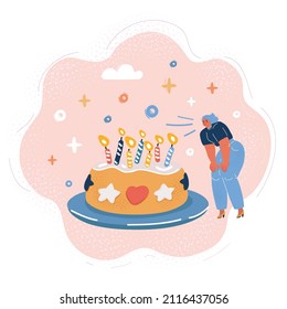 Cartoon vector illustration of Girls blow candles at Birthday Cake to the Celebrate