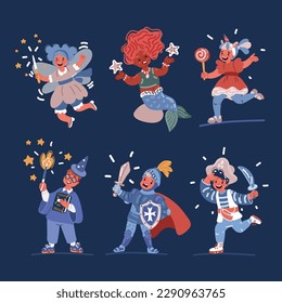 Cartoon vector illustration of Girls, fairy, mermaid, unicorn. Boys, pirate, wizard, khight over dark background