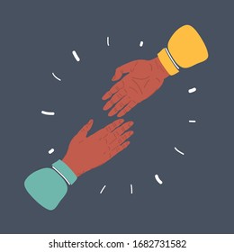 Cartoon vector illustration of giving each other their hands. Help, greeting, try shaking hands, touching and transmitting concept on dark background.