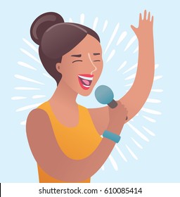 Cartoon vector illustration of Glamorous beautiful female singer isolated on blue background. Close up portrait of pretty girl in yellow evening dress singing to  microphone