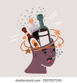 Cartoon vector illustration glass bottles with alcohol. Drink party bar inside the head of drunk man