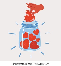 Cartoon vector illustration of glass jar with hearts and likes inside. Hand put another like into