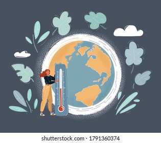 Cartoon vector illustration of Global Warming Concept. Woman characters Care on Earth. Woman with thermometer Show High Temperature.