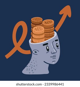 Cartoon vector illustration of Gold coin stacks inside head over dark bakcround
