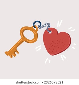 Cartoon vector illustration of Gold keychain with heart symbol. Key. The idea of Valentine's Day.