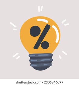Cartoon vector illustration of Gold light lamp bulb font Percent sign.