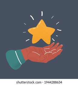 Cartoon vector illustration of Golden star in human hand on dark background.