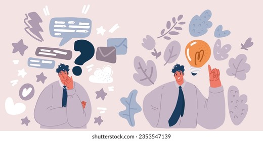 Cartoon vector illustration of good looking man thinking and search for idea process.